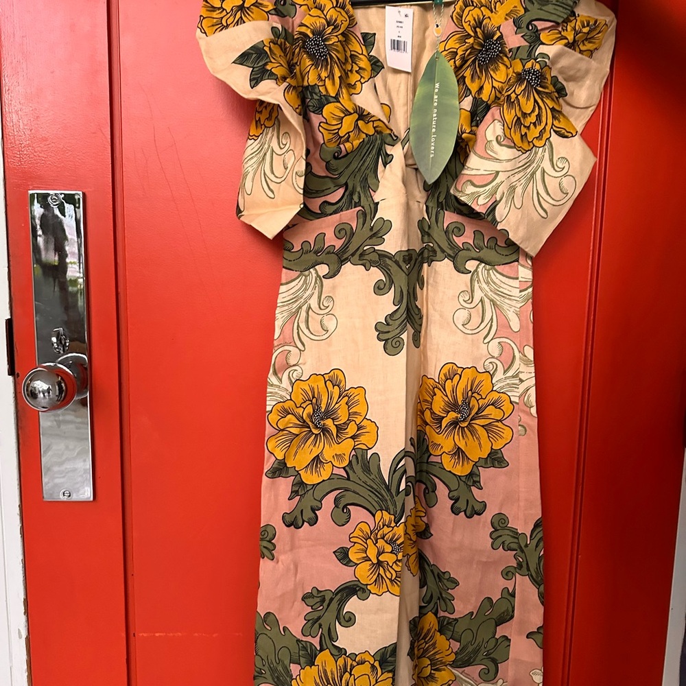 FARM Rio Crème delicate flower arabesque Euroflax ™ premium Linen Midi Dress - Picture 6 of 6